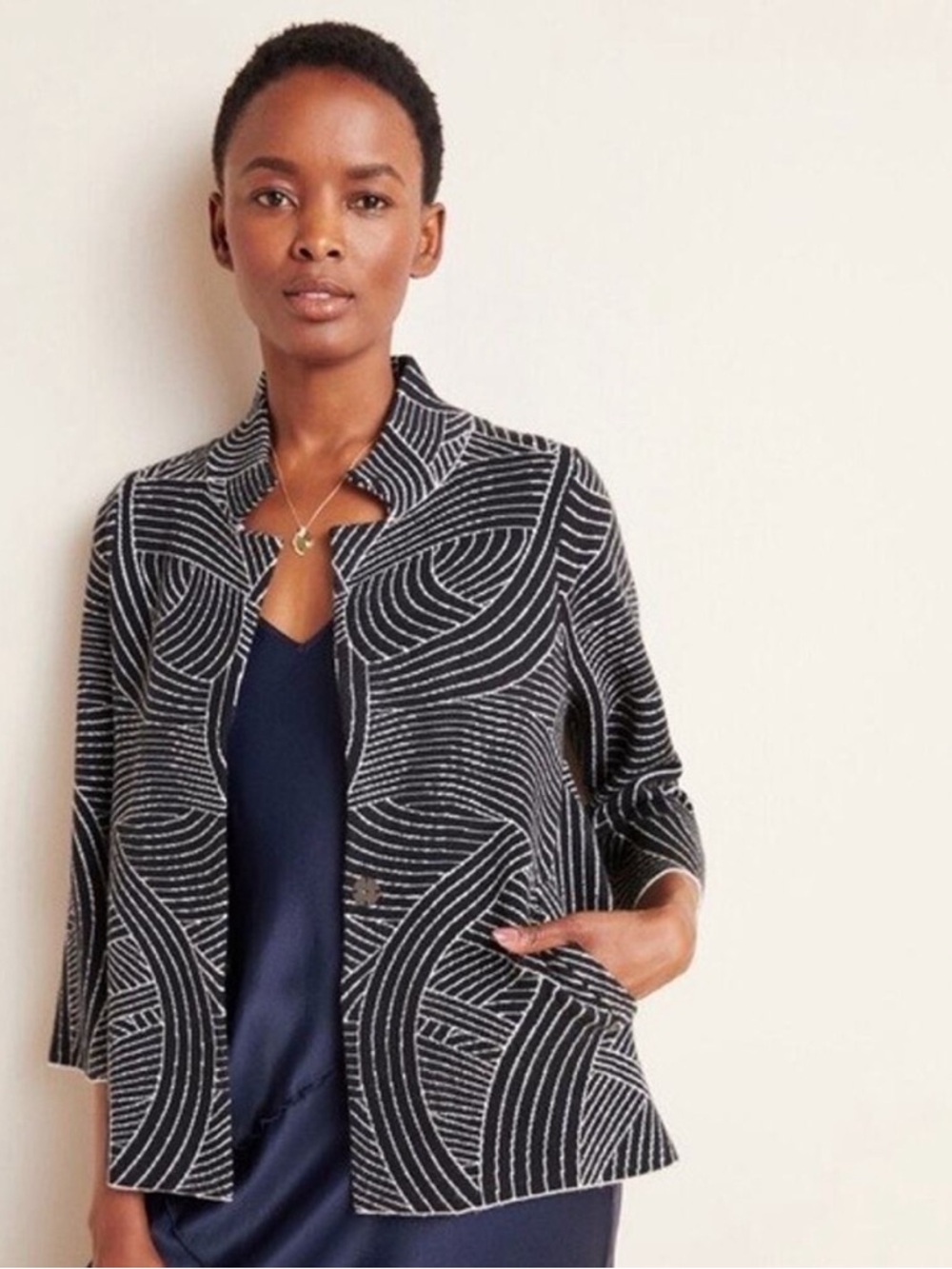 ANTHROPOLOGIE‎ Pietra High Collar Single Button Preppy Knit 3/4 Sleeve Jacket XS